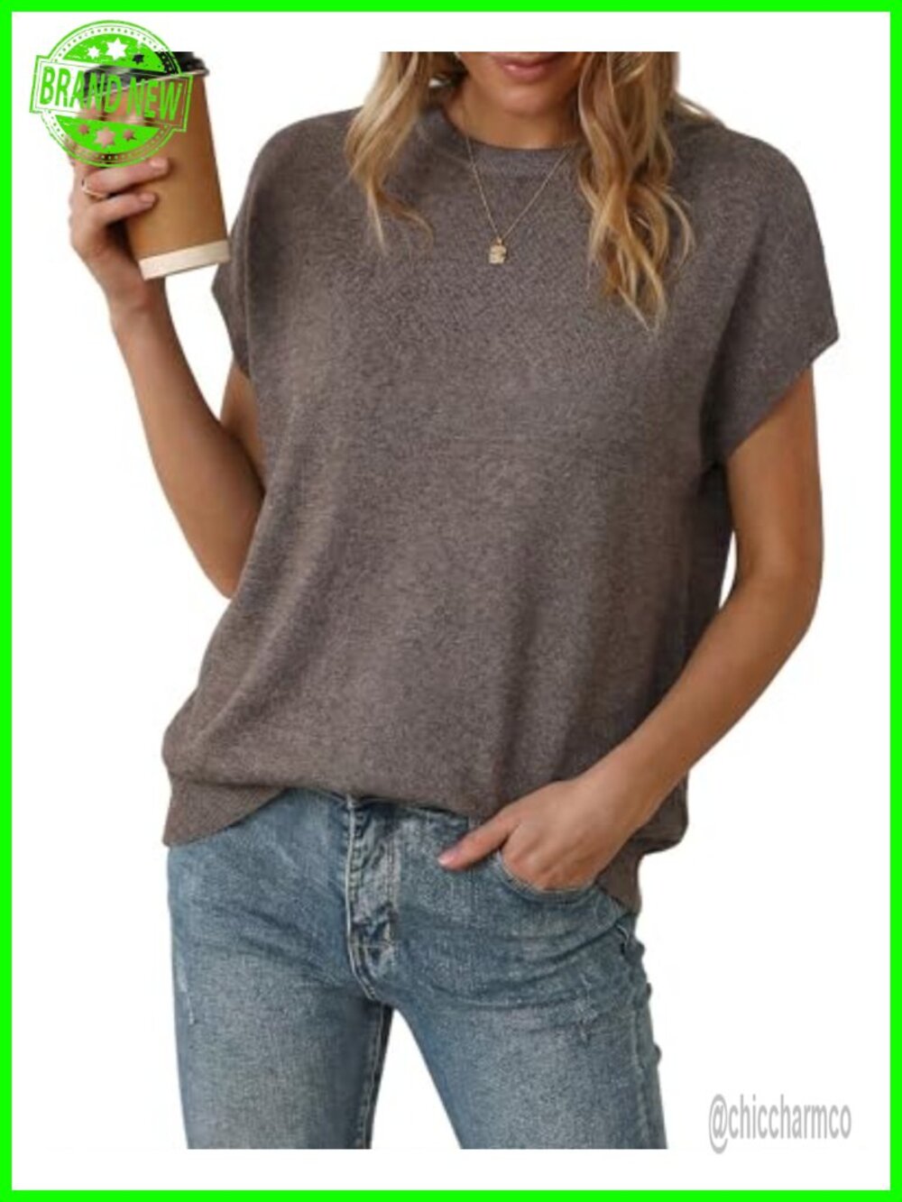 Wool Blend Oversized Batwing Short Sleeve Pullover Sweater Crew Neck